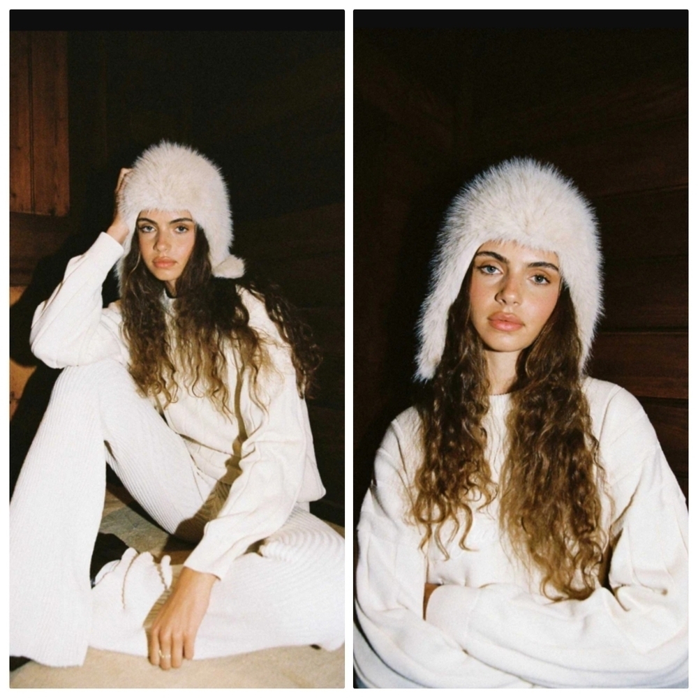 New Lack Of Color Snuggle Faux Fur Fabric Almond Hood Trapper Hat NWT